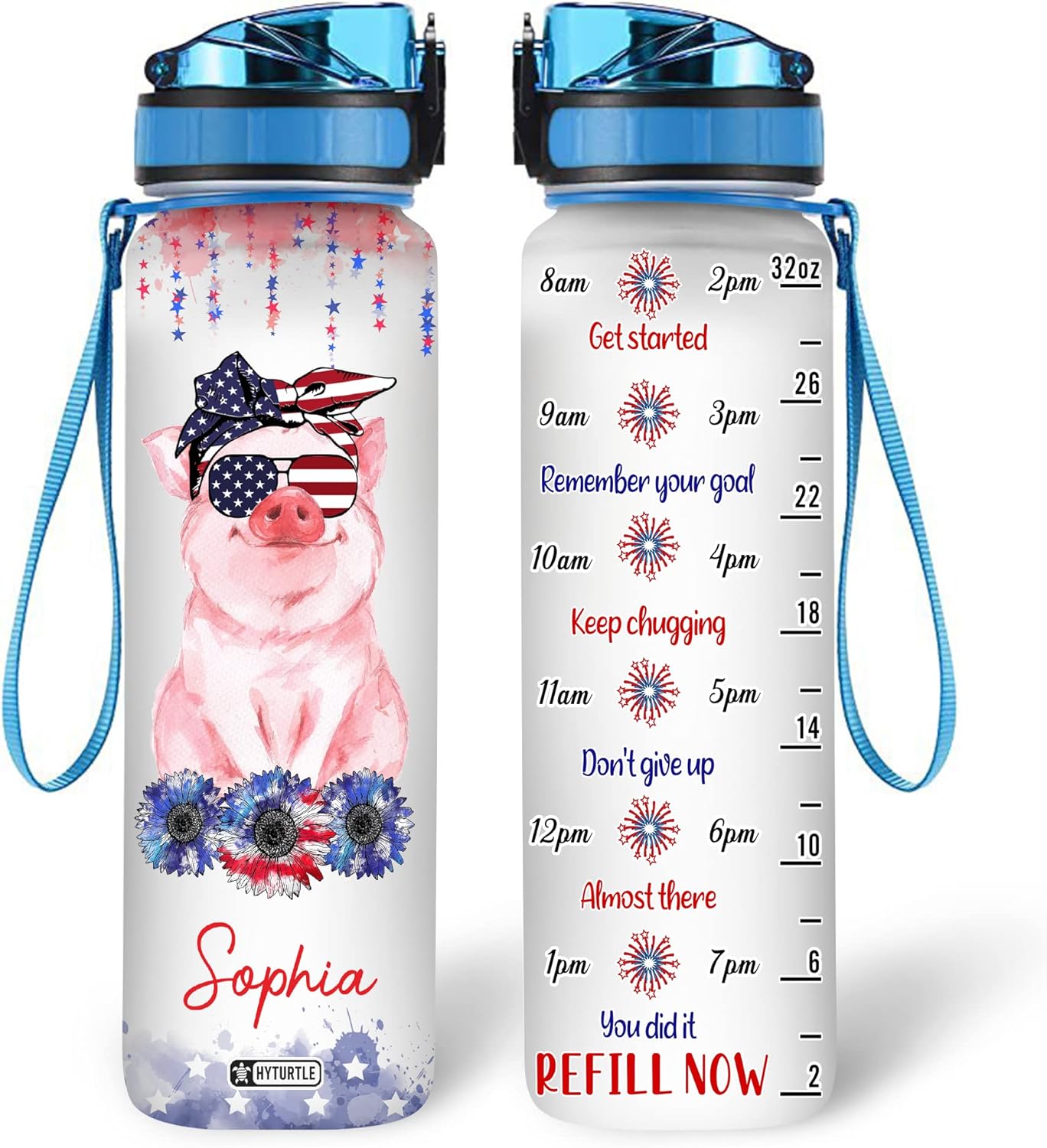 Pig American Flag - Personalized Water Tracker Bottle 32oz