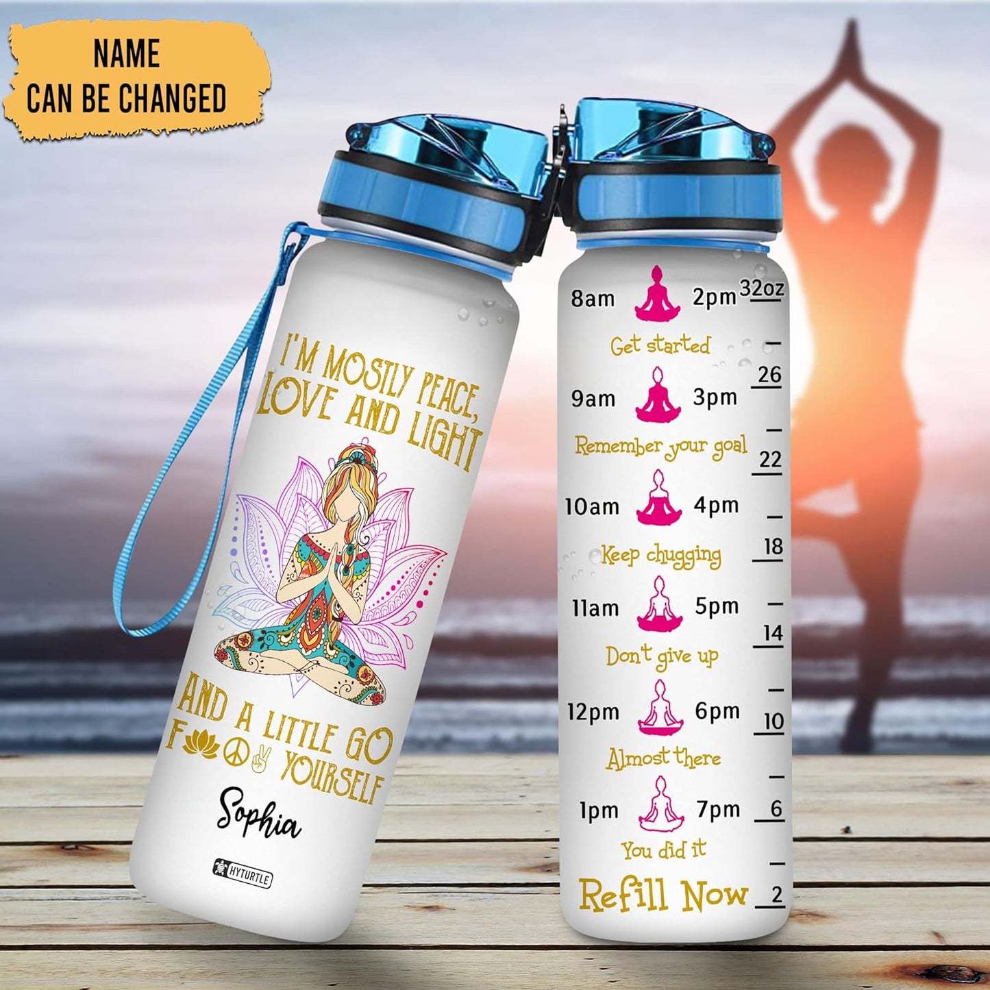 Peace & Light Yoga Water Bottle Tracker 32oz – Personalized Hydration Bottle with Time Marker – Inspiring Gift for Yoga Lovers