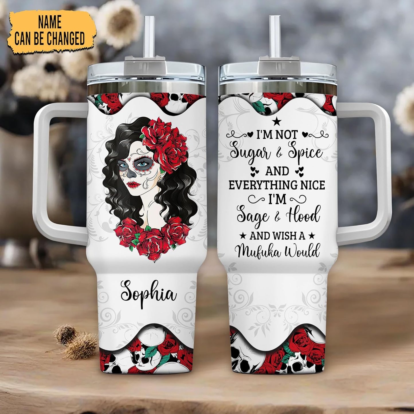 Sugar Skull Rose Tumbler 40oz with Handle & Straw – Personalized Stainless Steel Insulated Cup with Lid – Gothic Gift for Skull Lovers