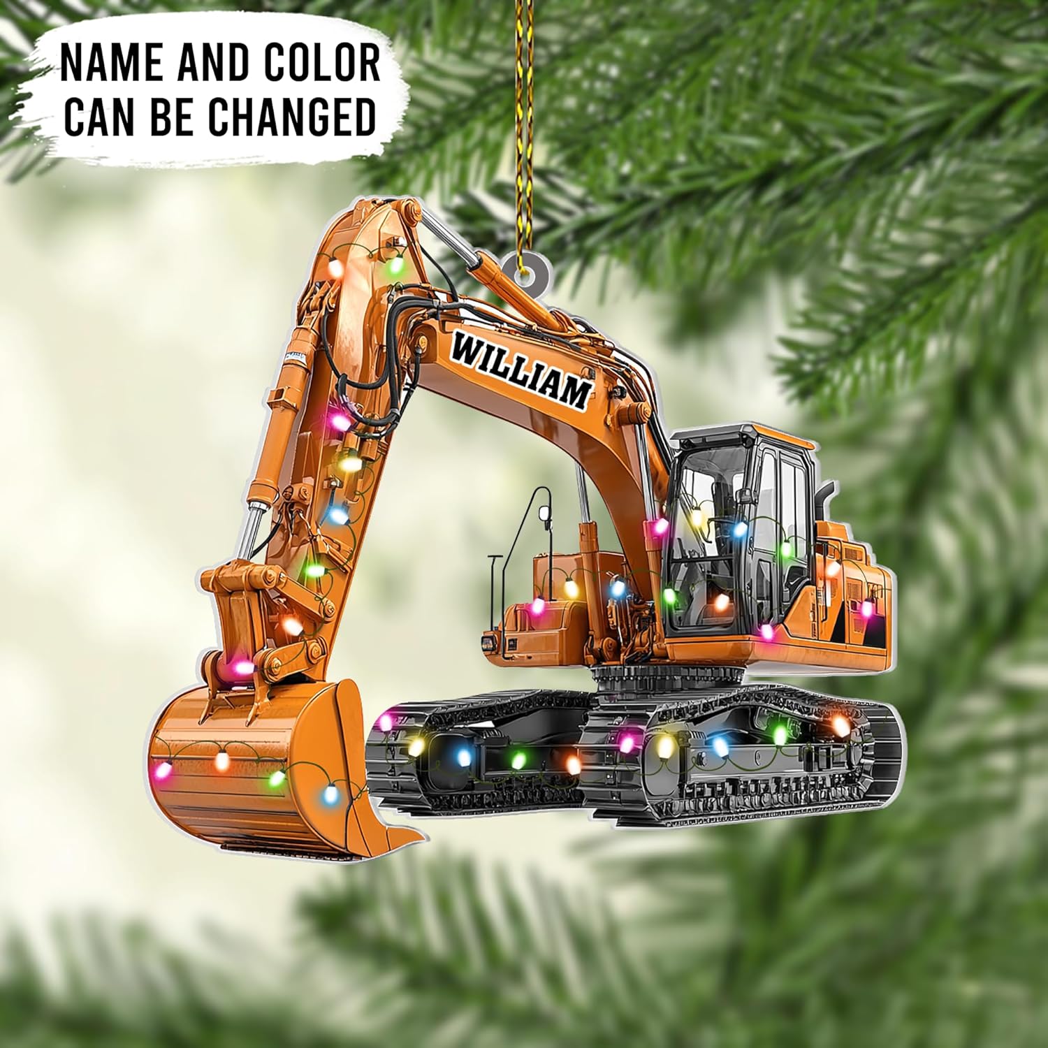Excavator with string lights cut acrylic ornament – personalized 2D flat silhouette, custom name Christmas gift for operator, construction worker or contractor
