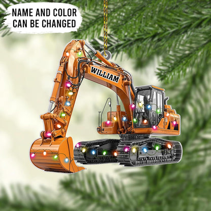 Excavator with string lights cut acrylic ornament – personalized 2D flat silhouette, custom name Christmas gift for operator, construction worker or contractor