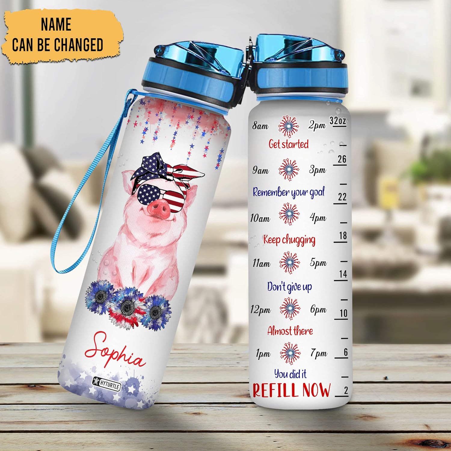 Pig American Flag - Personalized Water Tracker Bottle 32oz