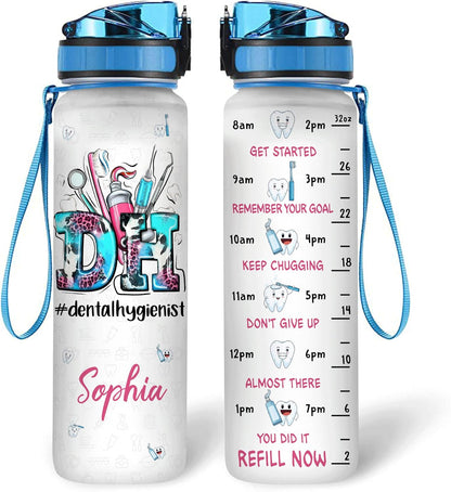 Dental Hygienist Theme Water Bottle Tracker 32oz – Personalized Hydration Bottle with Time Marker – Appreciation Gift for Dental Workers