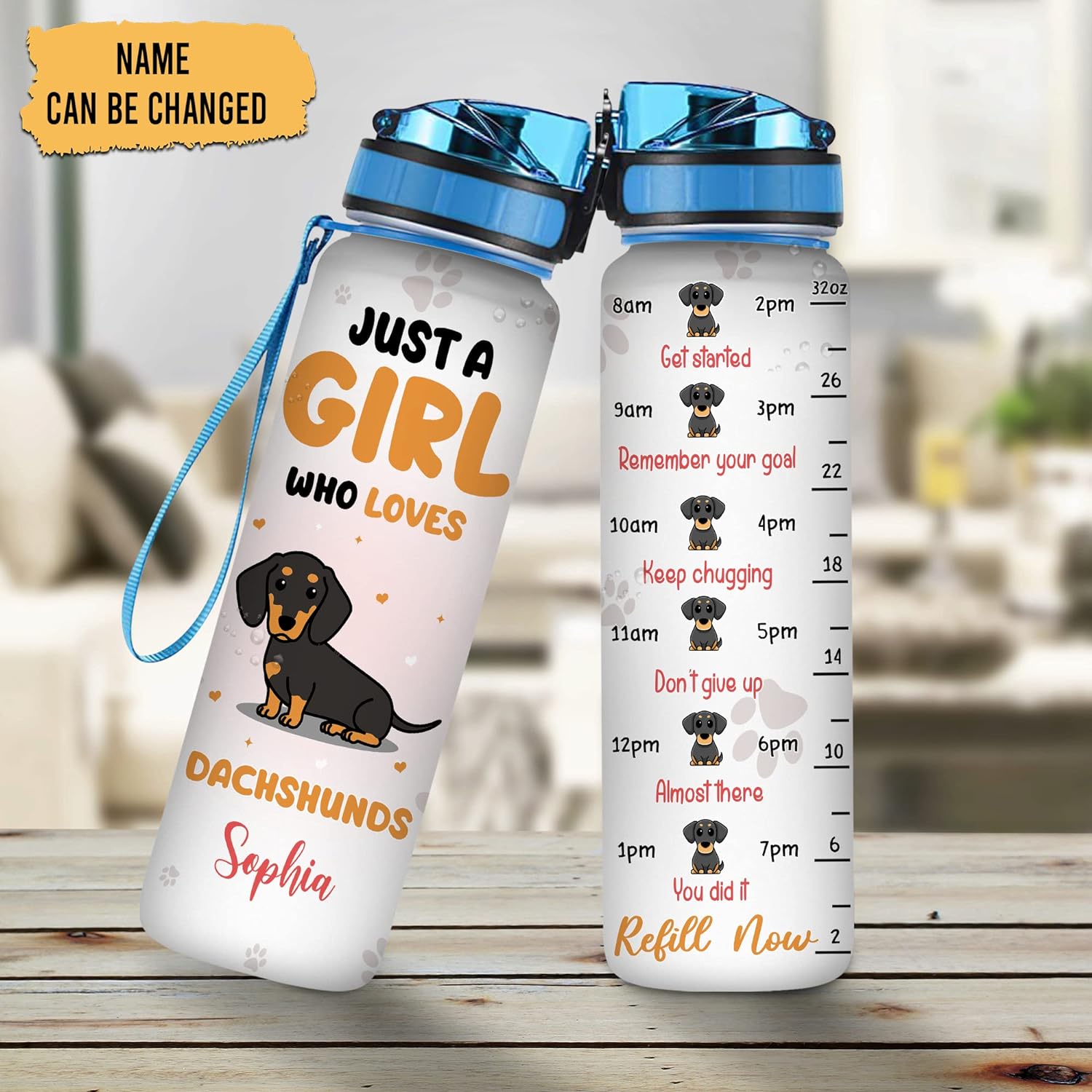 Just A Girl Who Loves Dachshunds Water Bottle Tracker 32oz – Personalized Motivational Hydration Bottle – Cute Gift for Dog Lovers