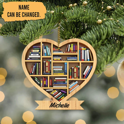 Heart-Shaped Bookshelf Wood Ornament – Personalized Christmas Gift for Librarian, Teacher, or Book Lover