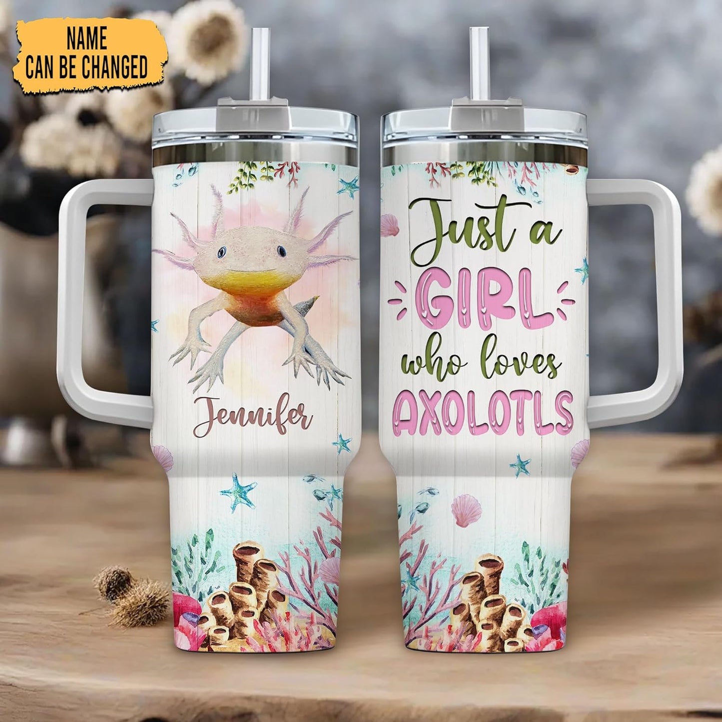Axolotl Lover Tumbler 40oz – Personalized Stainless Steel Insulated Cup with Handle & Straw, Cute Watercolor Marine Design – Fun Gift for Women & Girls