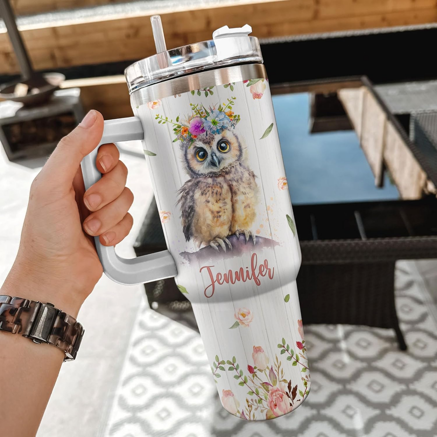 Owl Floral 40oz Tumbler with Handle & Straw – Personalized Stainless Steel Insulated Travel Cup with Lid – Stylish Gift for Animal Lovers