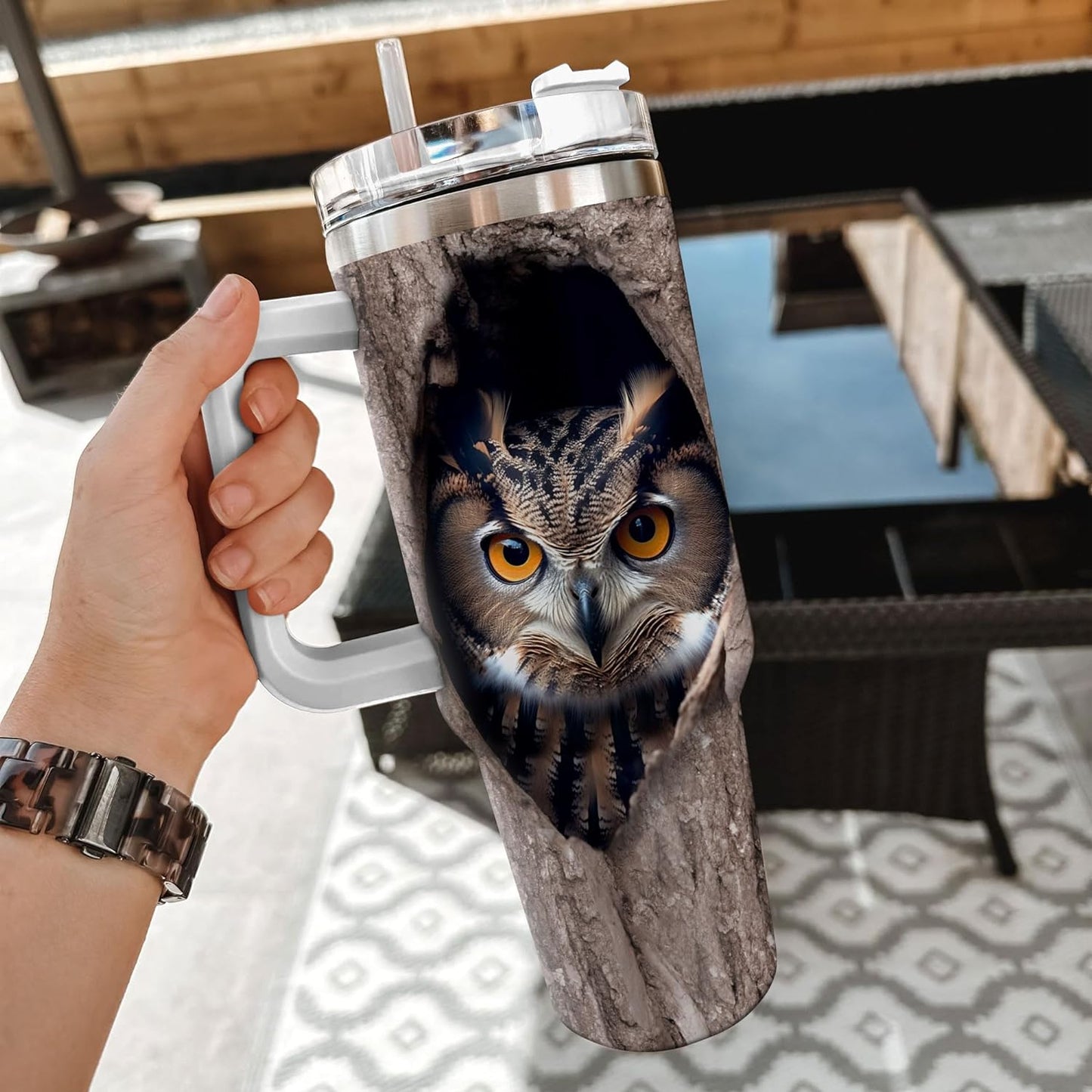 Realistic Owl Tree Hollow Tumbler 40oz with Handle & Straw – Personalized Stainless Steel Travel Cup with Lid – Unique Gift for Owl Lovers