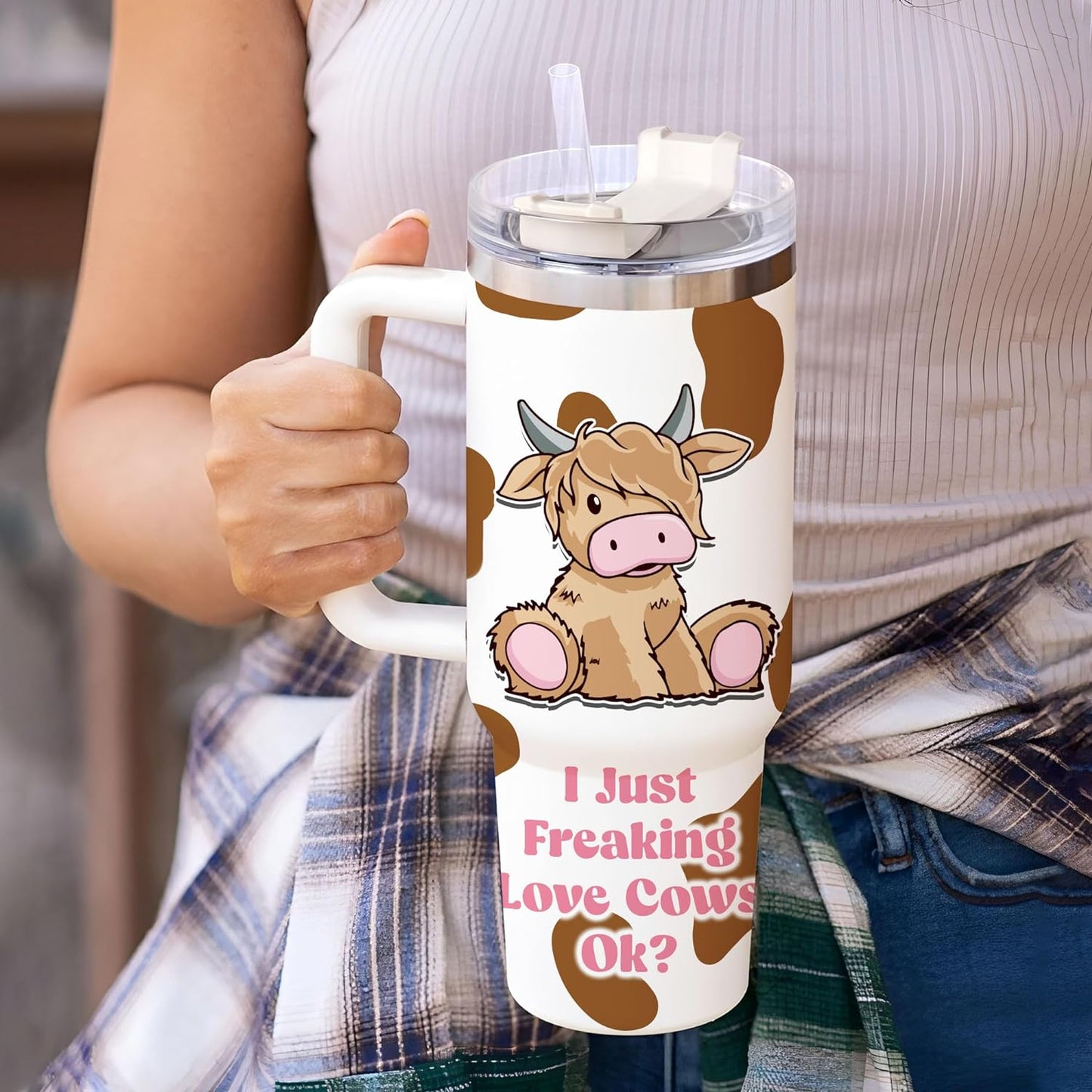 Cute Highland Cow Cartoon Tumbler 40oz with Handle & Straw – Personalized Stainless Steel Travel Cup with Lid – Unique Gift for Cow Lovers