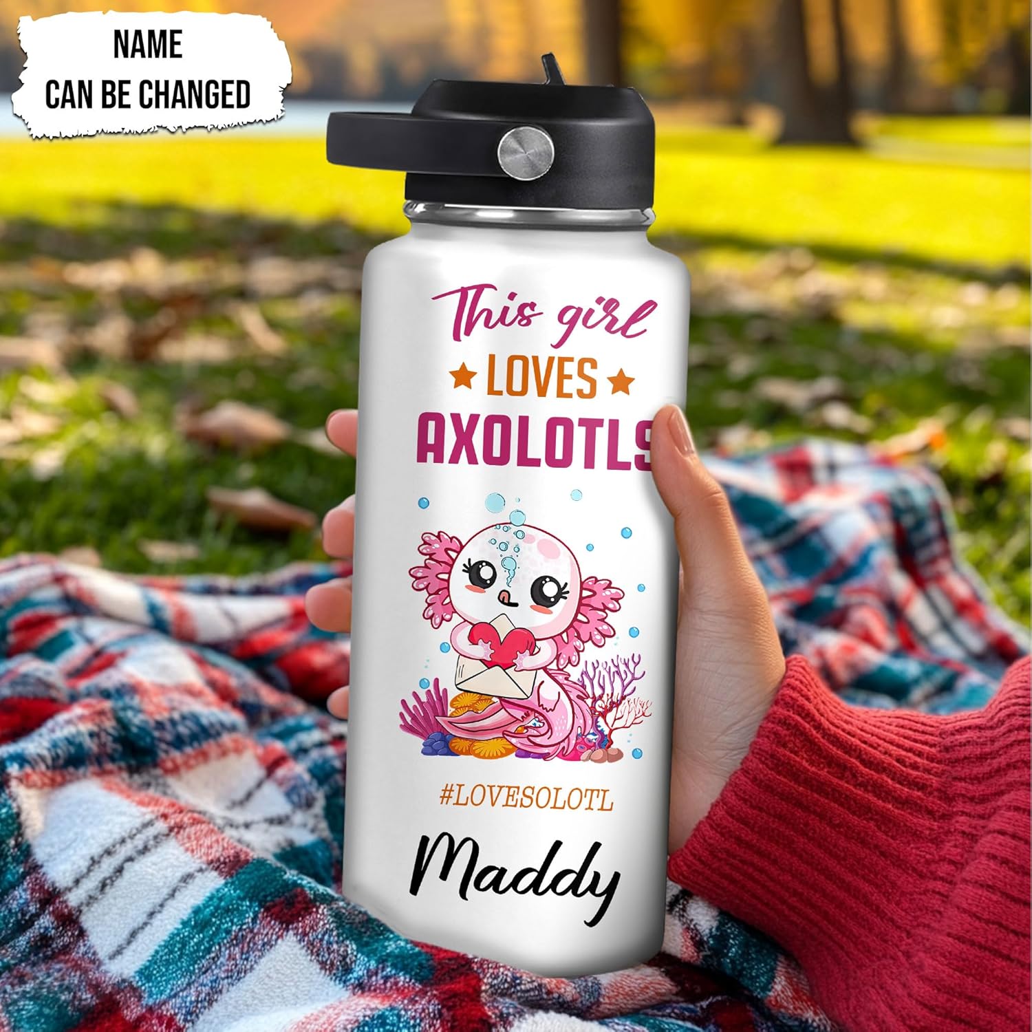 Axolotl Water Bottle 32oz – Travel Insulated Stainless Steel Bottle with Leak-Proof Lid – Cute Gift for Axolotl Lovers