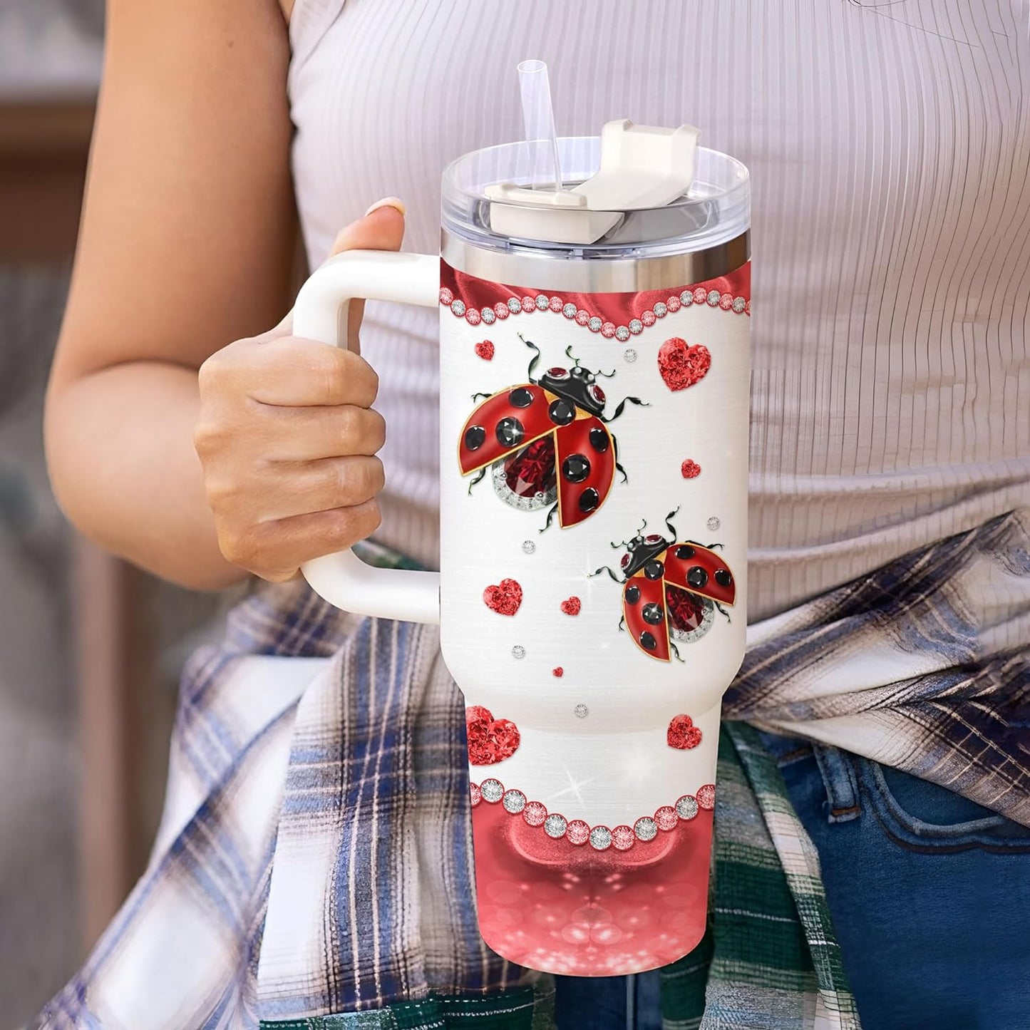 Ladybug Sparkle Tumbler 40oz with Handle & Straw – Personalized Stainless Steel Insulated Travel Cup with Lid – Cute Gift for Women & Kids