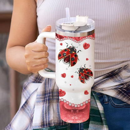 Ladybug Sparkle Tumbler 40oz with Handle & Straw – Personalized Stainless Steel Insulated Travel Cup with Lid – Cute Gift for Women & Kids