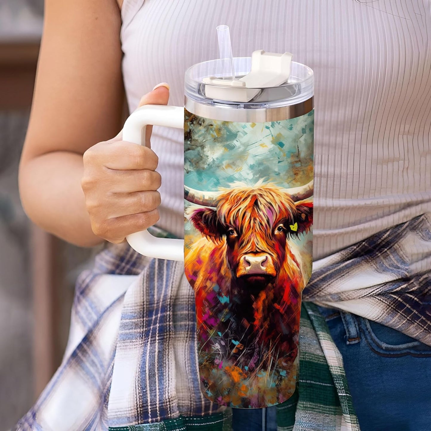 Highland Cow Art Tumbler 40oz – Personalized Stainless Steel Insulated Travel Cup with Handle & Straw, Leak-Proof Lid – Creative Gift for Farm Lovers