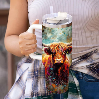 Highland Cow Art Tumbler 40oz – Personalized Stainless Steel Insulated Travel Cup with Handle & Straw, Leak-Proof Lid – Creative Gift for Farm Lovers