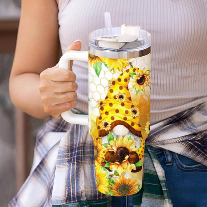 Sunflower Bee Gnome Tumbler 40oz with Handle & Straw – Personalized Stainless Steel Insulated Cup with Lid – Unique Gift for Gnome Lovers