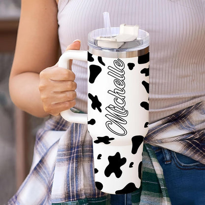 Cow Print Tumbler 40oz – Personalized Stainless Steel Insulated Travel Cup with Handle & Straw, Leak-Proof Lid – Unique Gift for Farm Animal Lovers