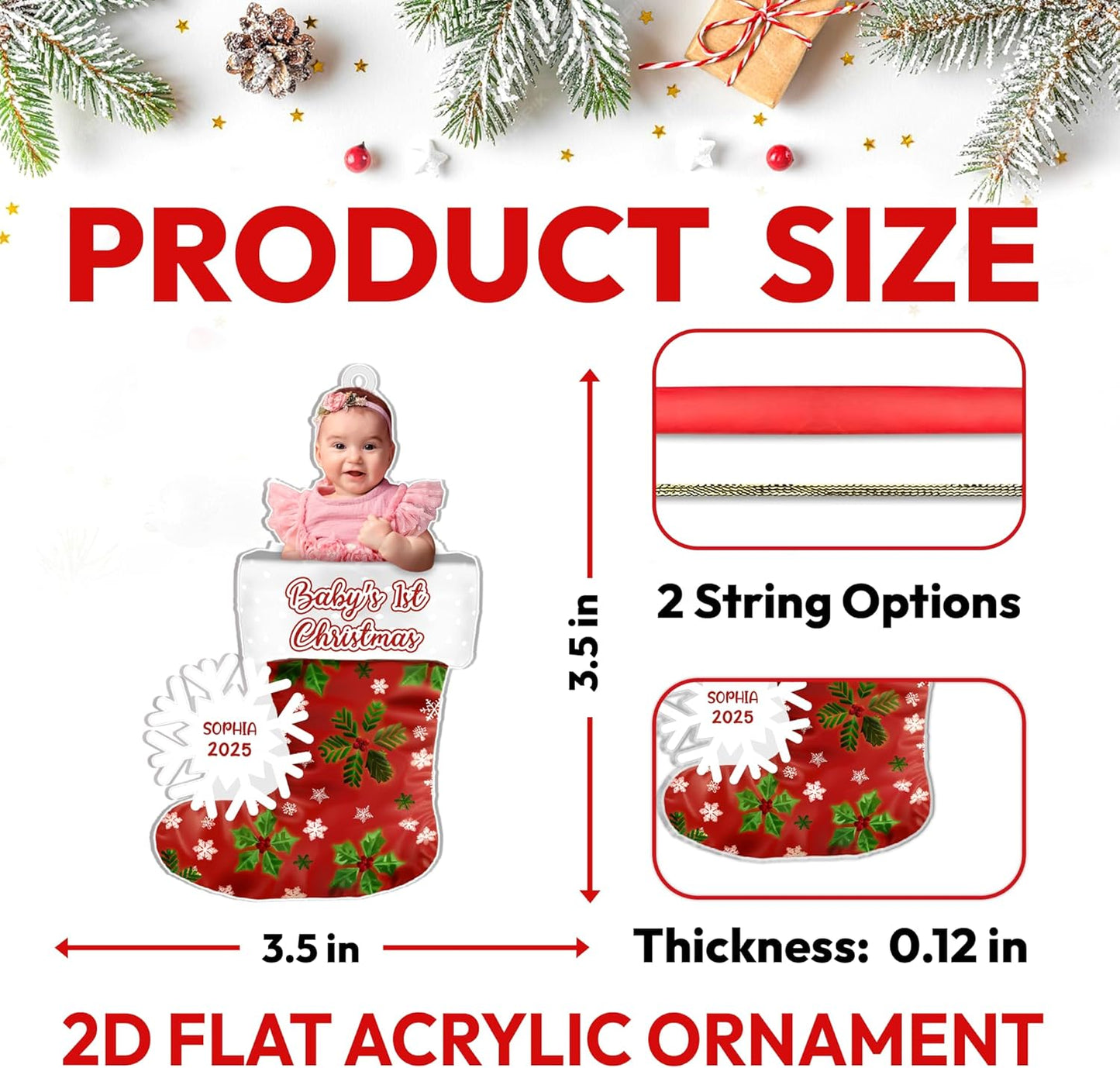 Baby’s First Christmas Stocking Cut Acrylic Ornament – Personalized Photo Keepsake Gift for New Parents, Girl or Boy, Nursery and Tree Decor