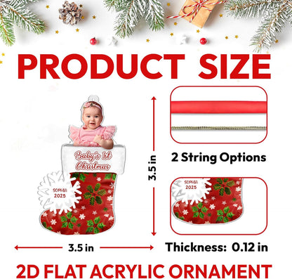 Baby’s First Christmas Stocking Cut Acrylic Ornament – Personalized Photo Keepsake Gift for New Parents, Girl or Boy, Nursery and Tree Decor