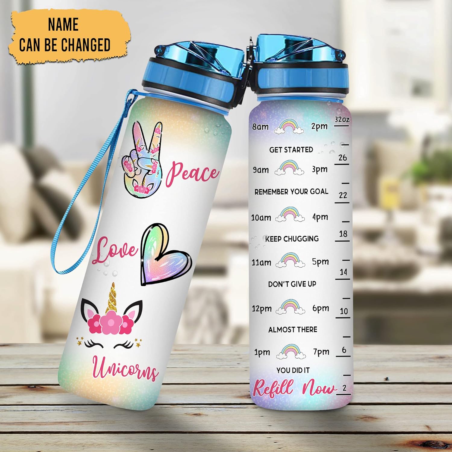 Peace Love Unicorns - Personalized Water Tracker Bottle 32oz