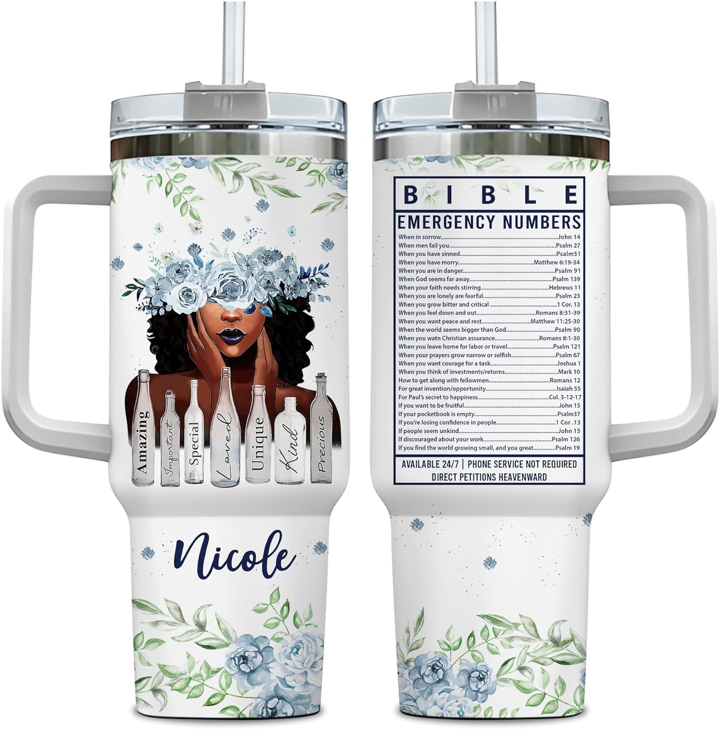Bible Verse Floral Tumbler 40oz with Handle & Straw – Personalized Stainless Steel Insulated Cup with Lid – Faith Gift for Women