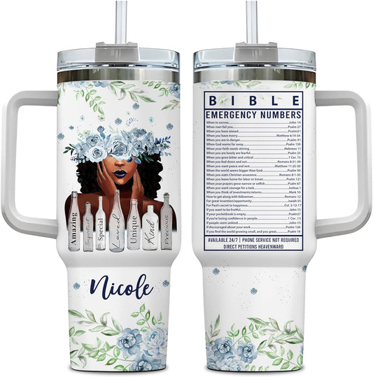 Bible Verse Floral Tumbler 40oz with Handle & Straw – Personalized Stainless Steel Insulated Cup with Lid – Faith Gift for Women