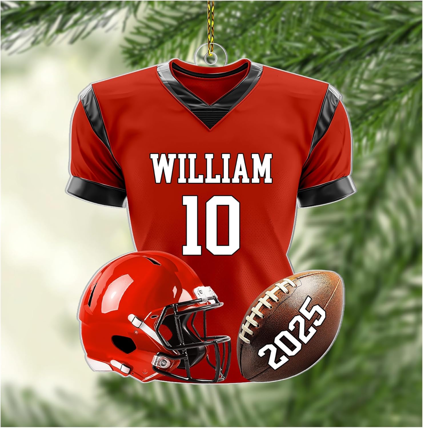Football jersey and helmet cut acrylic ornament – personalized 2D flat silhouette, custom name holiday gift for player, coach, fan or team banquet