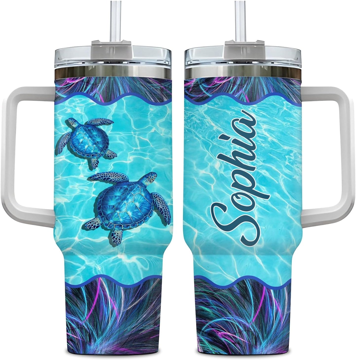 Sea Turtle Ocean Tumbler 40oz with Handle & Straw – Personalized Stainless Steel Insulated Cup with Lid – Stylish Gift for Turtle Lovers