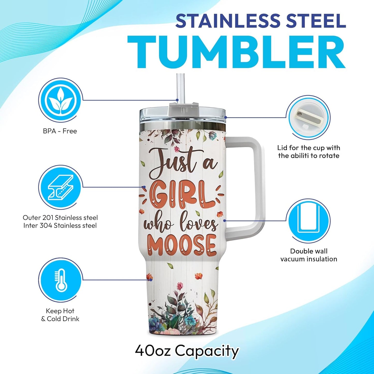 Moose Forest Tumbler 40oz – Personalized Stainless Steel Insulated Cup with Handle & Straw – Stylish Gift for Moose Lovers