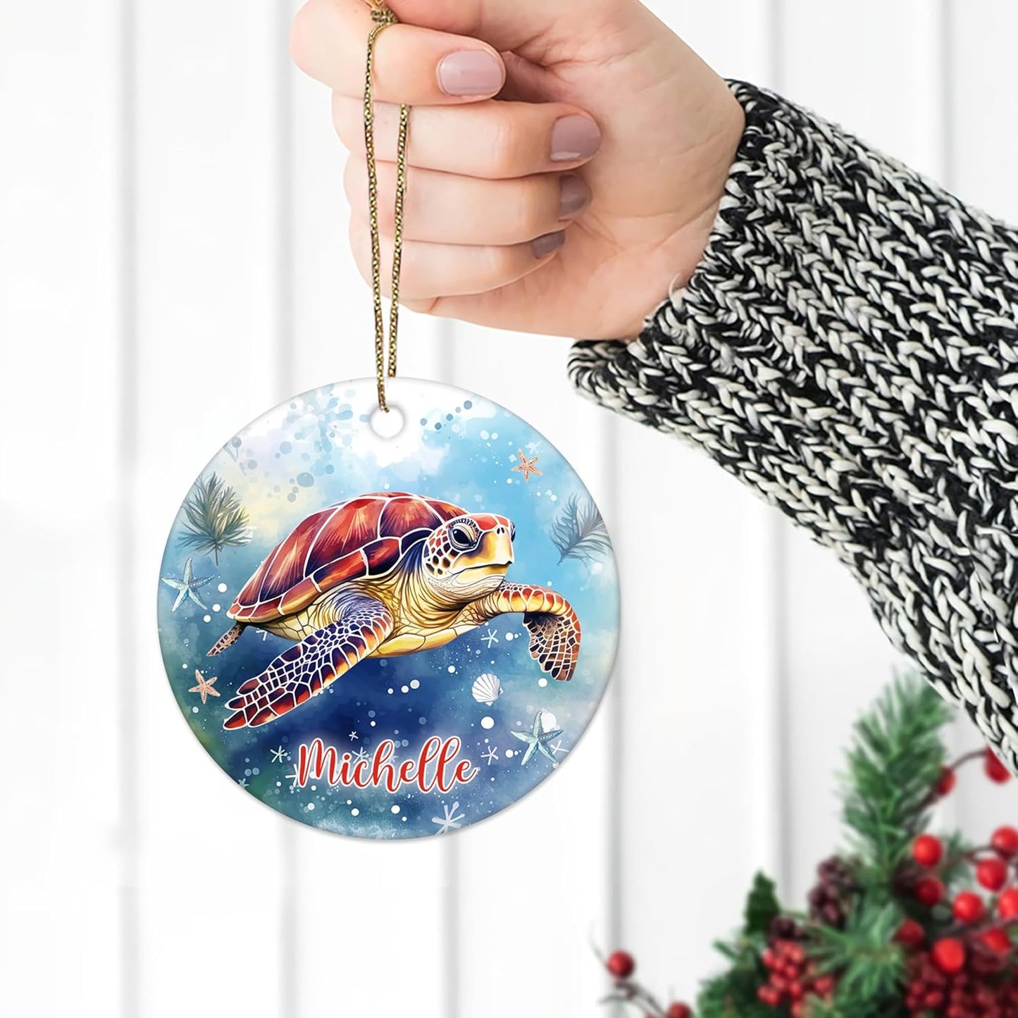 Sea Turtle Ocean Blue Ceramic Ornament – Personalized Custom Name Circle Keepsake, Christmas or Birthday Gift for Turtle Lover