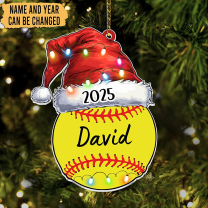 Softball Santa-Hat Cut Acrylic Ornament – Personalized Christmas Gift for Player, Team or Coach, Sports Tree Decor for Girls and Women