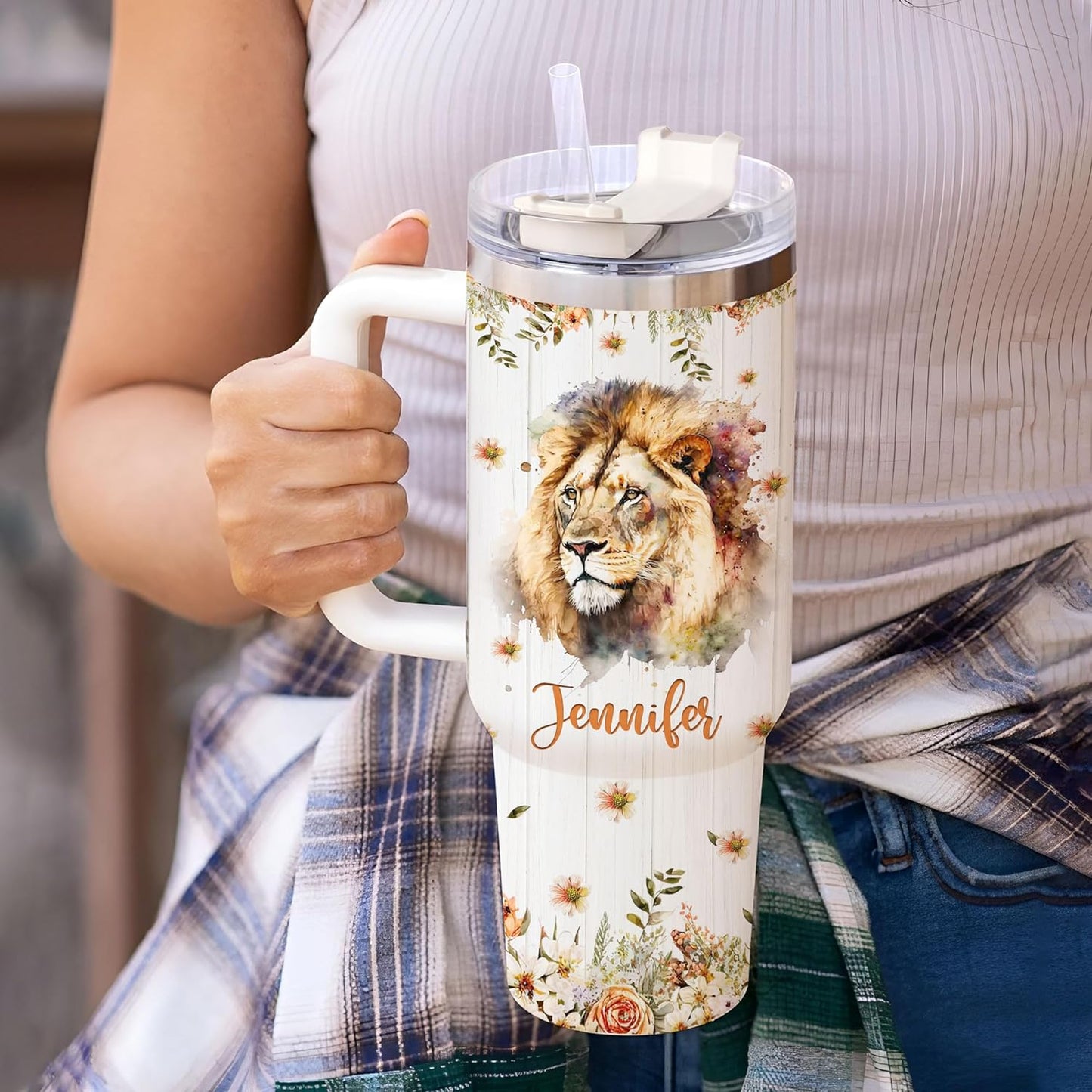 Lion Lover Tumbler 40oz with Handle & Straw – Personalized Stainless Steel Insulated Cup with Lid – Powerful Gift for Animal Lovers