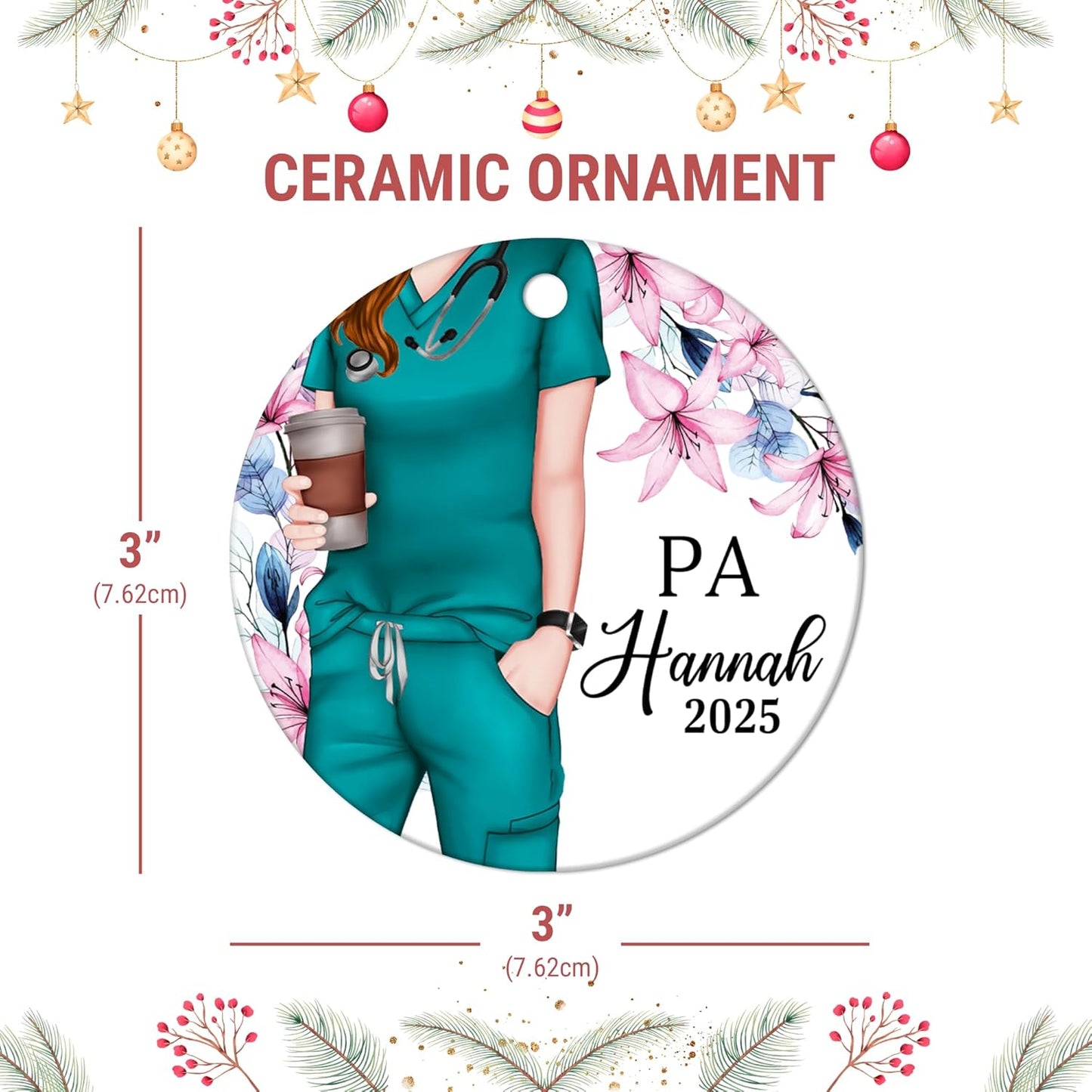 Physician Assistant Scrubs with Florals Ceramic Circle Ornament – Personalized Christmas Gift for PA Student, Grad or Healthcare Hero