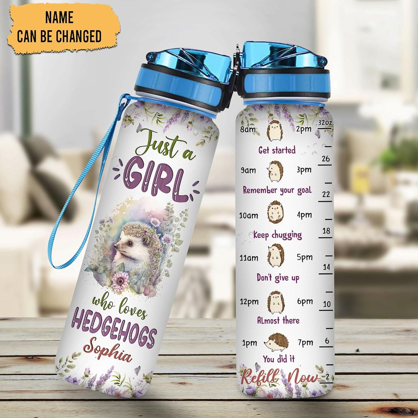 Hedgehog “Just A Girl Who Loves Hedgehogs” Water Bottle Tracker 32oz – Personalized Motivational Hydration Bottle with Time Marker – Sweet Gift for Hedgehog Lovers