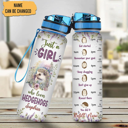Hedgehog “Just A Girl Who Loves Hedgehogs” Water Bottle Tracker 32oz – Personalized Motivational Hydration Bottle with Time Marker – Sweet Gift for Hedgehog Lovers