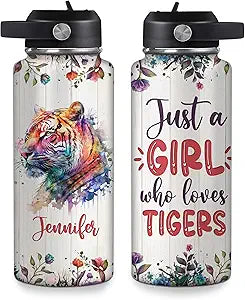 Personalized Tiger Water Bottle with Name - Insulated Stainless Steel Bottle 18oz 32oz with Leak-Proof Lid - Bold Gift for Tiger Lovers, Women & Girls