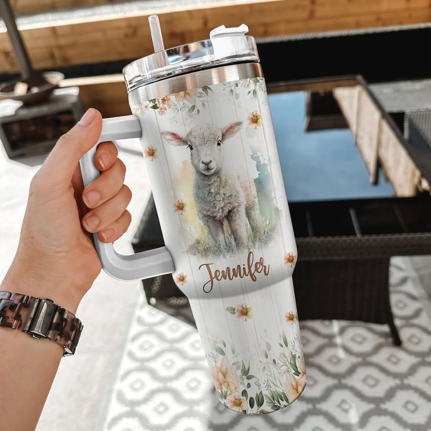 Lamb Pastel Floral Tumbler 40oz – Personalized Stainless Steel Insulated Cup with Handle & Straw – Sweet Gift for Lamb Lovers