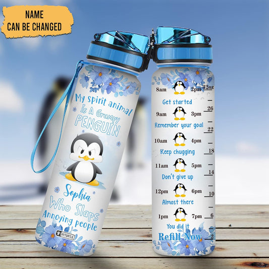 Grumpy Penguin Water Bottle Tracker 32oz – Personalized Funny Gift for Penguin Lovers & Friends