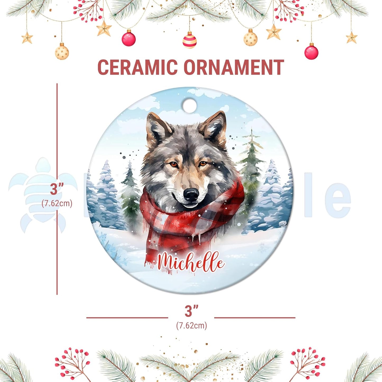 Winter Wolf Ceramic Ornament – Personalized Name, Custom Christmas or Birthday Gift for Wolf Lover, Nature Fan or Cabin Decor
