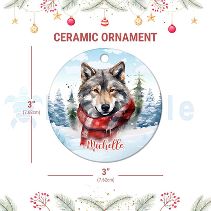 Winter Wolf Ceramic Ornament – Personalized Name, Custom Christmas or Birthday Gift for Wolf Lover, Nature Fan or Cabin Decor