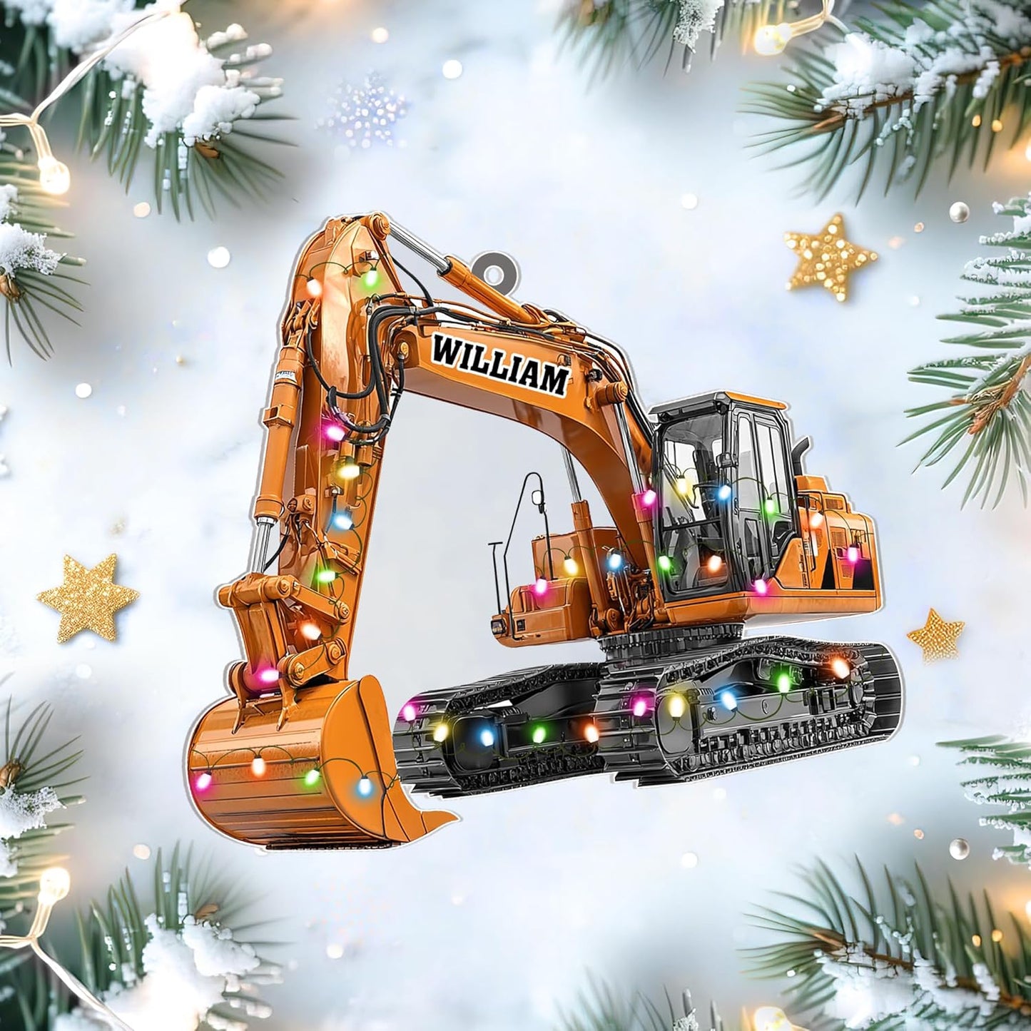 Excavator with string lights cut acrylic ornament – personalized 2D flat silhouette, custom name Christmas gift for operator, construction worker or contractor