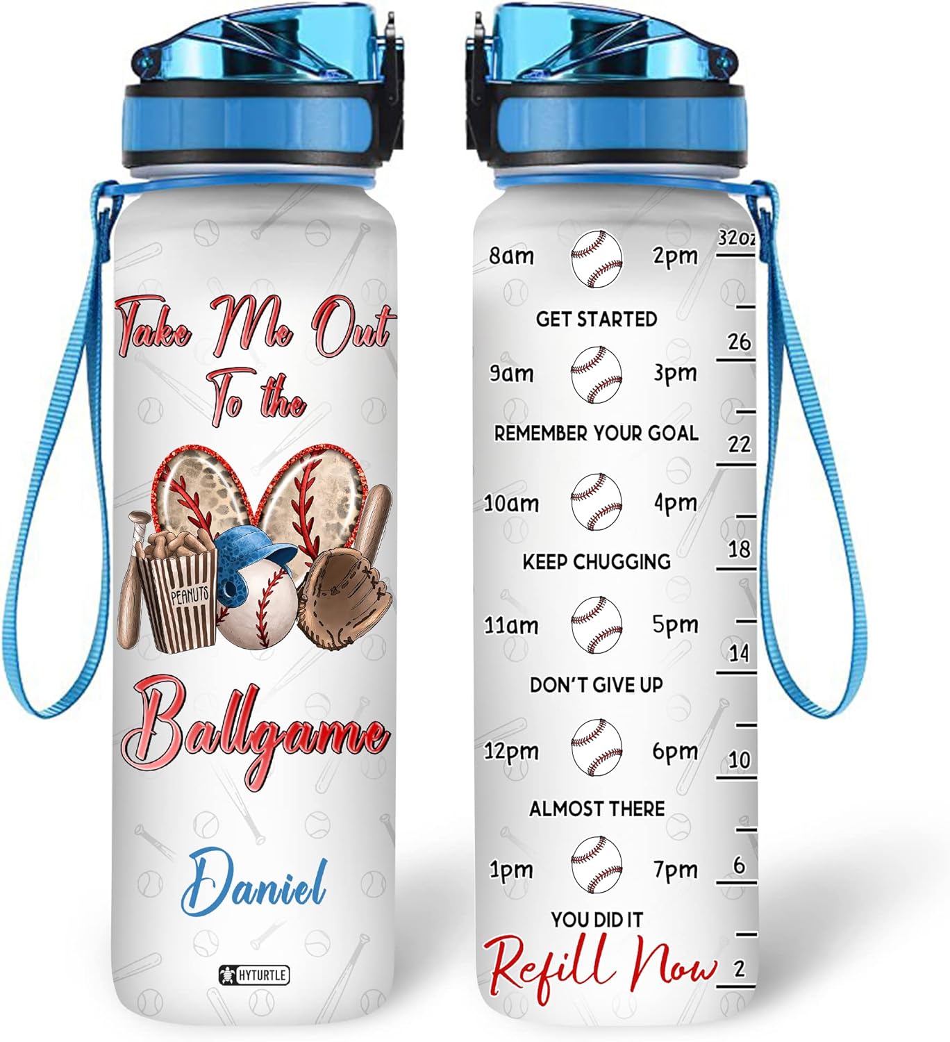 Take Me Out to the Ballgame Water Bottle Tracker 32oz – Personalized Baseball Sports Hydration Bottle with Time Marker – Gift for Fans