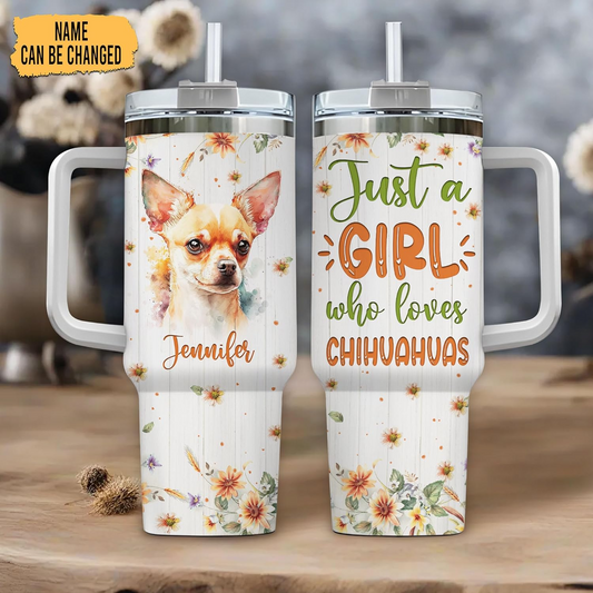 Chihuahua Lover Tumbler 40oz with Handle & Straw – Personalized Stainless Steel Insulated Mug with Lid – Cute Gift for Dog Moms