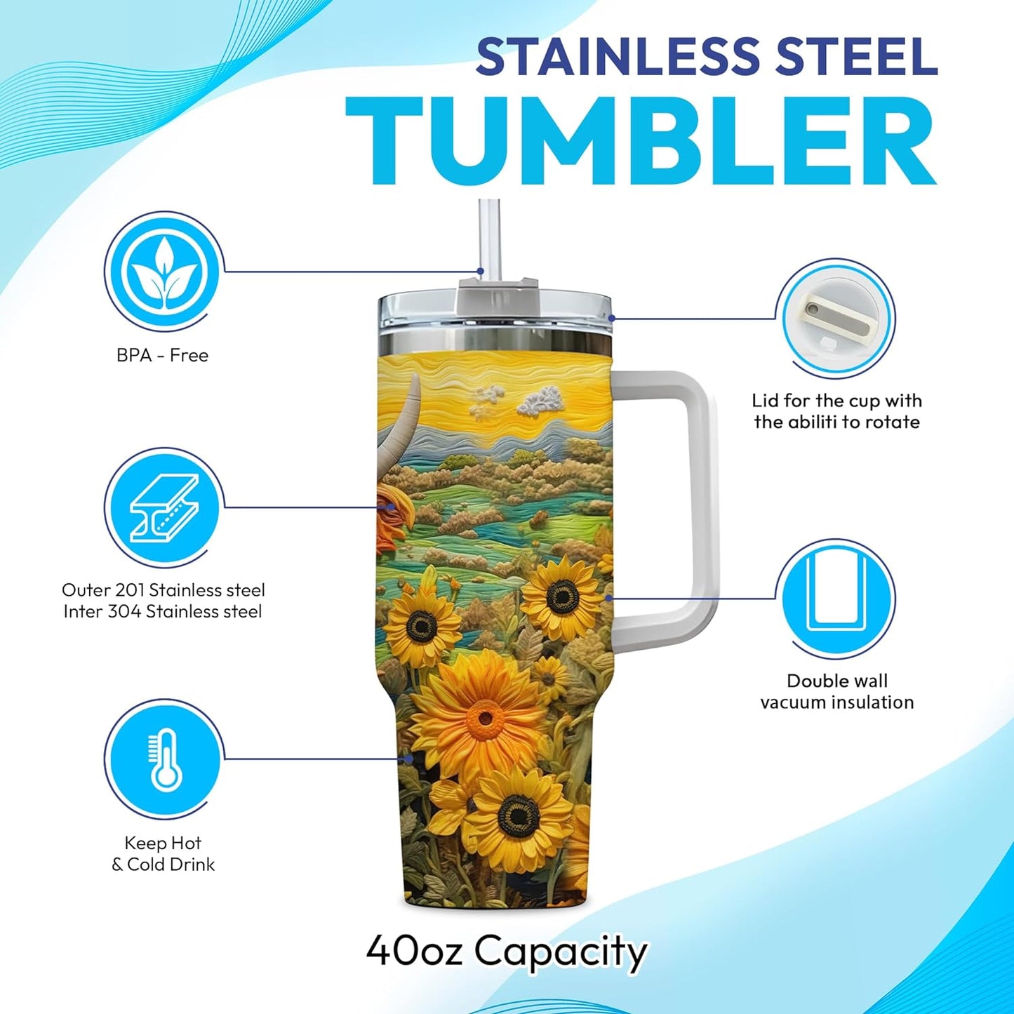 Highland Cow & Sunflower Tumbler 40oz with Handle & Straw – Personalized Stainless Steel Insulated Travel Cup with Lid – Farm Animal Lover Gift for Women