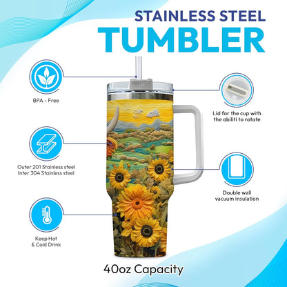 Highland Cow & Sunflower Tumbler 40oz with Handle & Straw – Personalized Stainless Steel Insulated Travel Cup with Lid – Farm Animal Lover Gift for Women