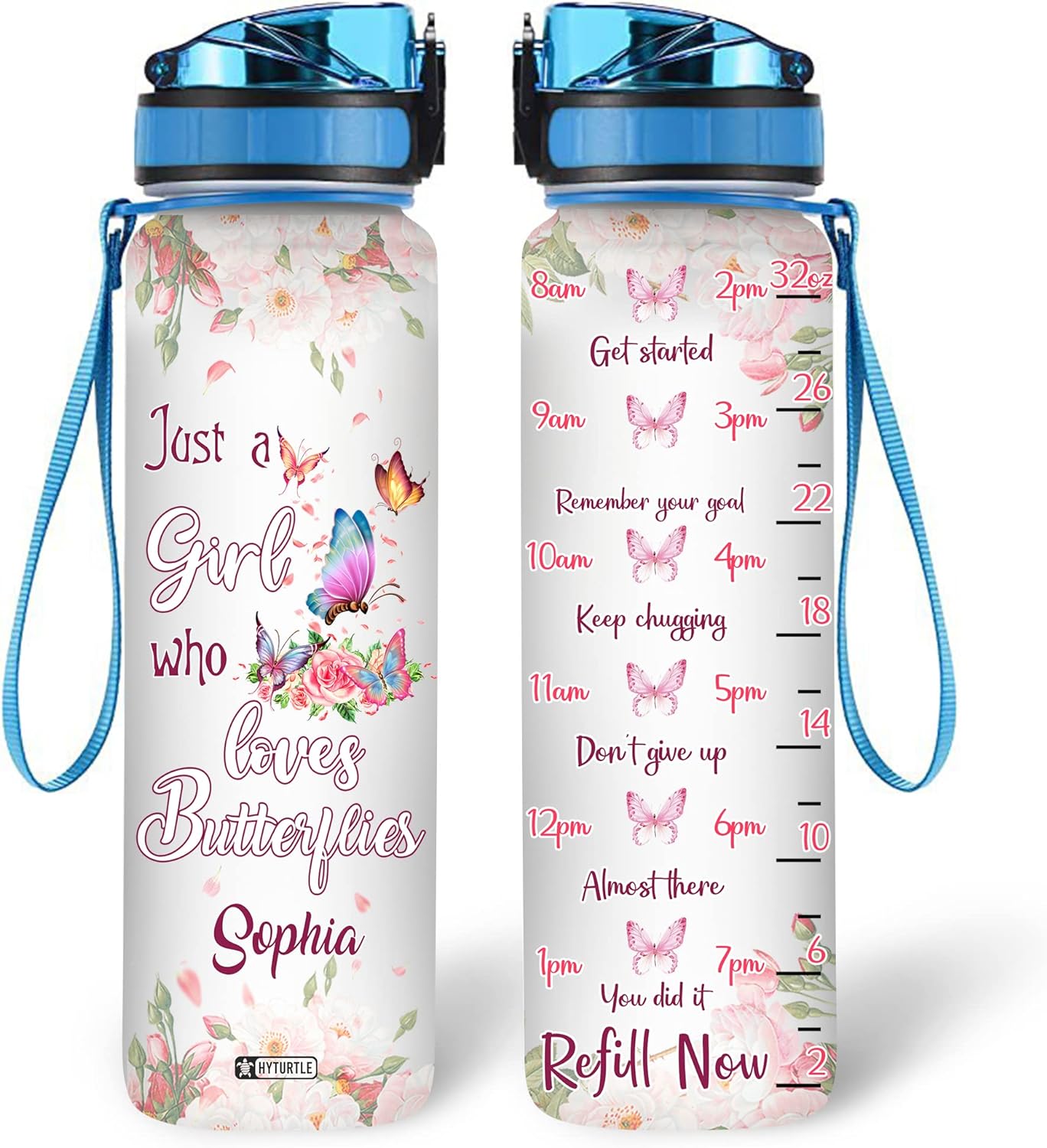 Butterfly Lover Water Bottle Tracker 32oz Personalized – Cute Motivational Bottle with Time Marker – Unique Gift for Women