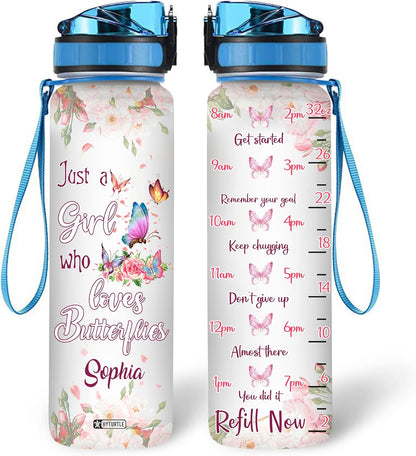 Butterfly Lover Water Bottle Tracker 32oz Personalized – Cute Motivational Bottle with Time Marker – Unique Gift for Women