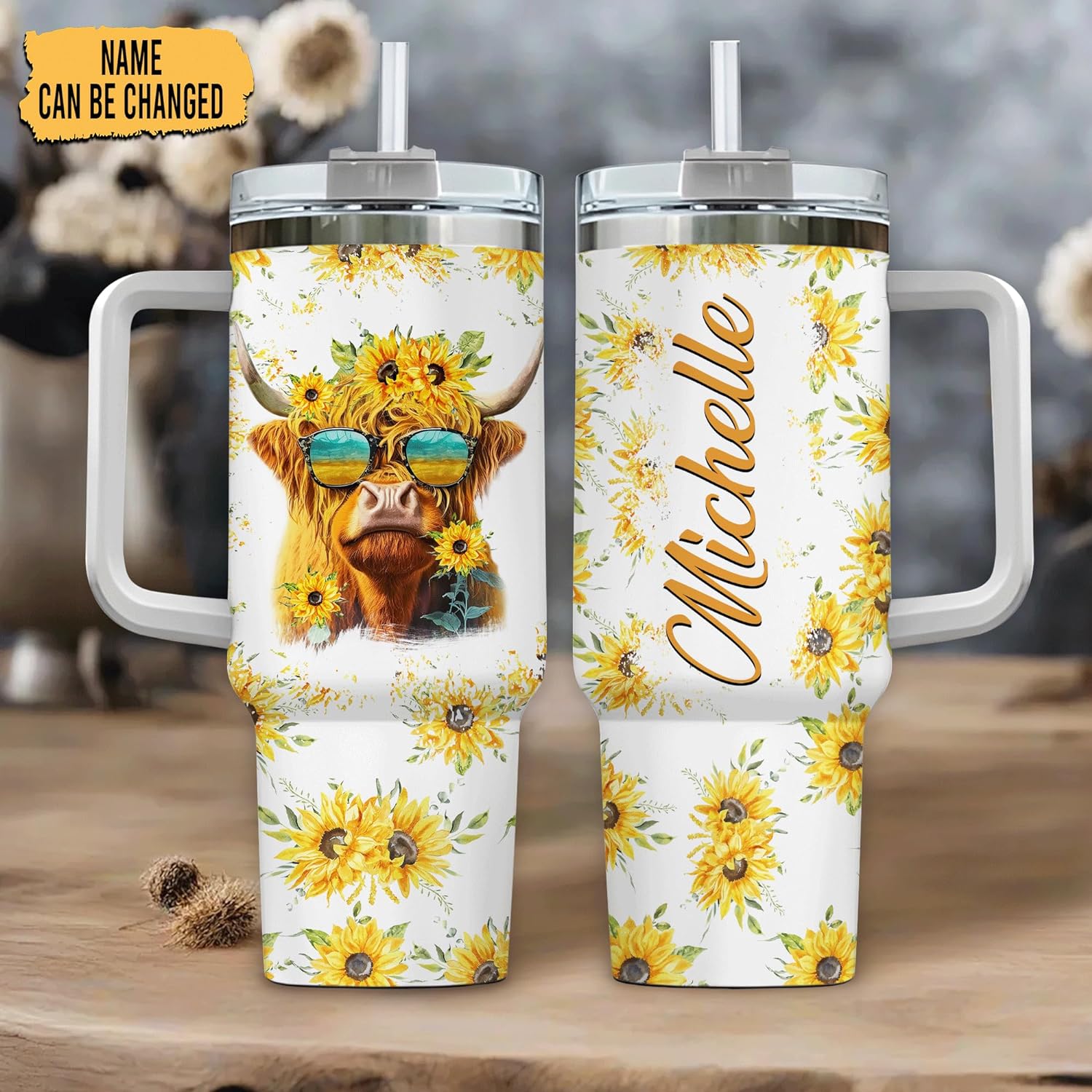 Highland Cow Tumbler 40oz with Handle & Straw – Personalized Stainless Steel Insulated Travel Cup with Lid – Fun Farm Gift for Cow Lovers