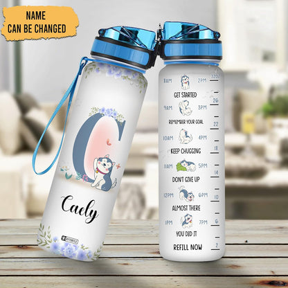 Husky Dog Theme Water Bottle Tracker 32oz – Personalized Motivational Bottle with Time Marker – Unique Gift for Dog Lovers
