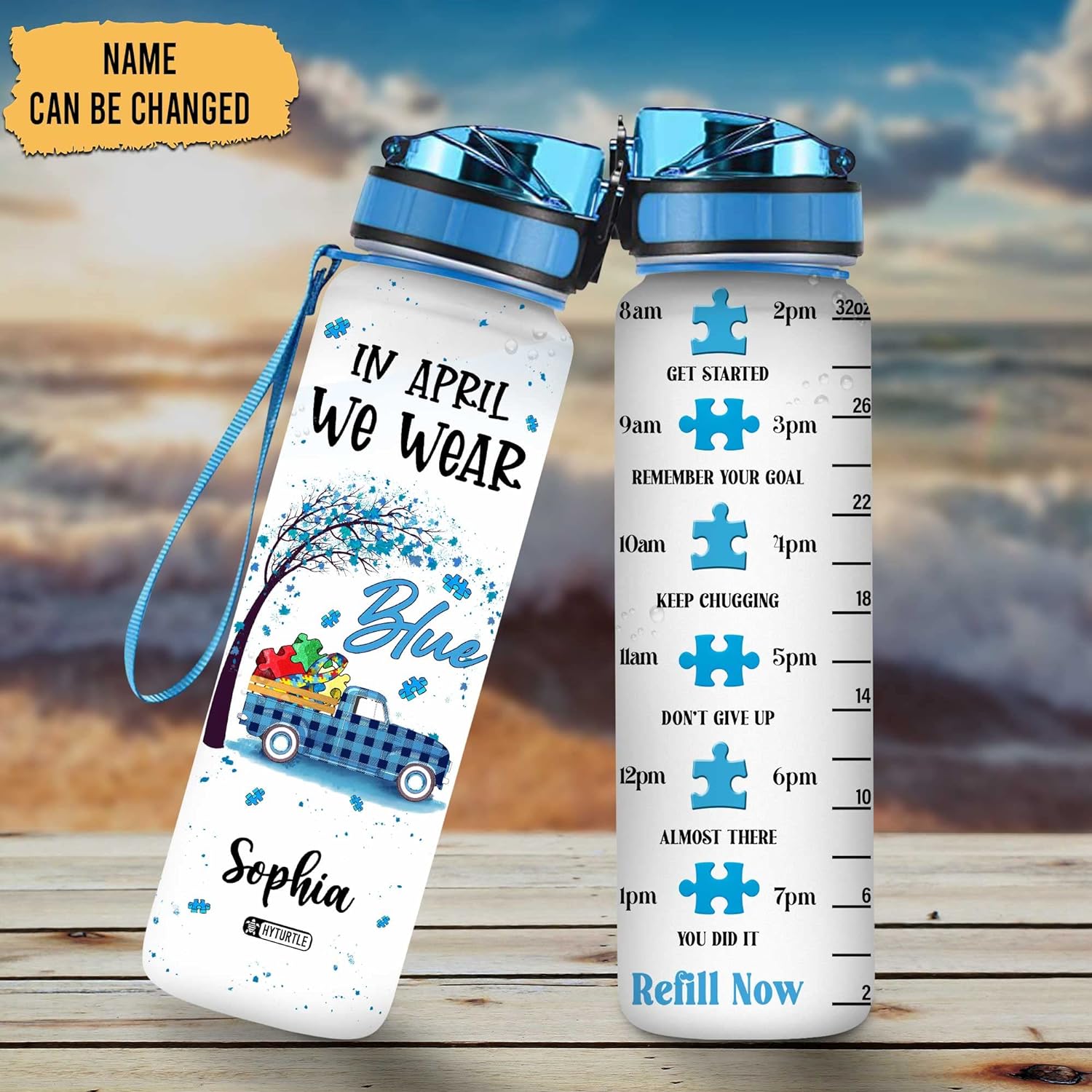 In April We Wear Blue Autism- Personalized Water Tracker Bottle 32oz