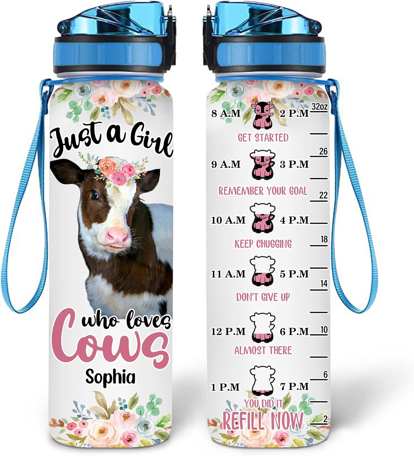 Cow Lovers Water Bottle Tracker 32oz – Personalized Motivational Bottle with Time Marker – Unique Gift for Farm Animal Fans
